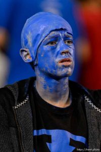(Trent Nelson | The Salt Lake Tribune)  A BYU fan looks on in the final minutes as BYU hosts Utah, NCAA football in Provo, Saturday September 9, 2017.