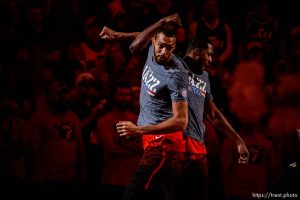 (Trent Nelson | The Salt Lake Tribune)  
Utah Jazz center Rudy Gobert (27) and Utah Jazz forward Derrick Favors (15) during player introductions. Utah Jazz vs. Boston Celtics, NBA basketball in Salt Lake City on Friday Nov. 9, 2018.