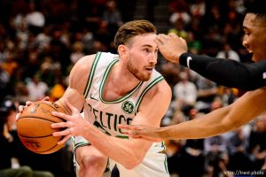 (Trent Nelson | The Salt Lake Tribune)   Boston Celtics forward Gordon Hayward (20) defended by Utah Jazz guard Donovan Mitchell (45). Utah Jazz vs. Boston Celtics, NBA basketball in Salt Lake City on Friday Nov. 9, 2018.
