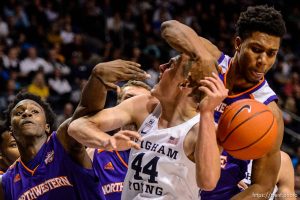 (Trent Nelson | The Salt Lake Tribune)  
Northwestern State Demons forward Darian Dixon (23) knocks the ball from Brigham Young Cougars guard Connor Harding (44) as BYU hosts Northwestern State, NCAA basketball at the Marriott Center in Provo on Tuesday Nov. 13, 2018.