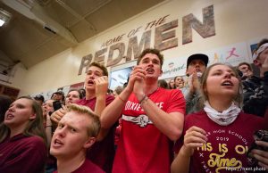 (Trent Nelson | The Salt Lake Tribune)   Cedar High School is considering a change in the name of its mascot, The Redmen, Friday Jan. 11, 2019. Students in the gym cheer on their team during a close basketball game against Canyon View.
