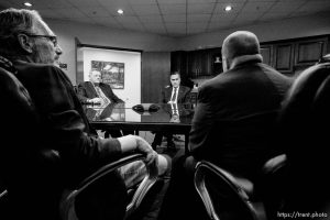 (Trent Nelson | The Salt Lake Tribune) Senator Mitt Romney meets with Weber County Comissioners in Ogden to discuss the ongoing government shutdown on Friday Jan. 18, 2019. From left, Commissioner Gage Froerer, Commissioner Scott Jenkins, Romney, and Commissioner James Harvey.