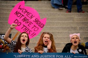 (Trent Nelson | The Salt Lake Tribune)
Rylee Richhart, Hanna Bartnicki, and Ainsley Pratt on the steps of the Utah Capitol at the 2019 Women's March on Utah on Saturday Jan. 19, 2019.