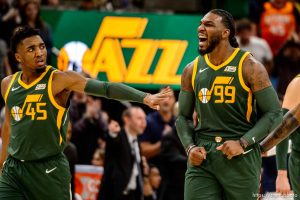 (Trent Nelson | The Salt Lake Tribune)   Utah Jazz guard Donovan Mitchell (45) and Utah Jazz forward Jae Crowder (99) celebrate as the Utah Jazz host the Denver Nuggets, NBA basketball in Salt Lake City on Wednesday Jan. 23, 2019.