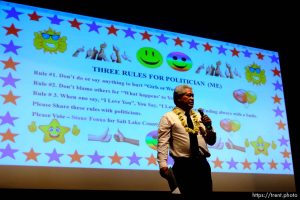 (Trent Nelson | The Salt Lake Tribune)  
Stone Fonua speaks as  members of the Salt Lake County Democratic Party's central committee gather to choose a new county mayor from a field of four candidates at Corner Canyon High School in Draper on  Saturday Jan. 26, 2019.