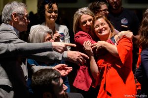(Trent Nelson | The Salt Lake Tribune)   Jenny Wilson celebrates her win over Shireen Ghorbani to become the next Salt Lake County mayor, at Corner Canyon High School in Draper on Saturday Jan. 26, 2019.