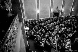 (Trent Nelson | The Salt Lake Tribune)  
A full House Chamber stands and applauds families who lost loved ones in law enforcement, military and public service as Governor Gary Herbert delivers his State of the State address at the Utah Capitol in Salt Lake City on Wednesday Jan. 30, 2019.