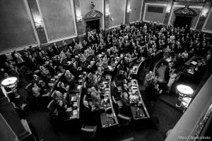 (Trent Nelson | The Salt Lake Tribune)   A full House Chamber stands and applauds families who lost loved ones in law enforcement, military and public service as Governor Gary Herbert delivers his State of the State address at the Utah Capitol in Salt Lake City on Wednesday Jan. 30, 2019.