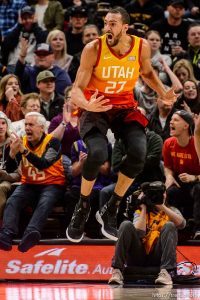 (Trent Nelson | The Salt Lake Tribune)   Utah Jazz center Rudy Gobert (27) looks for a call as the Utah Jazz host the San Antonio Spurs, NBA basketball in Salt Lake City on Saturday Feb. 9, 2019.