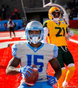 (Trent Nelson | The Salt Lake Tribune)   Salt Lake's De'Mornay Pierson-El (15) pulls in a pass for a two-point coversion as the Salt Lake Stallions host the Arizona Hotshots, Alliance of American Football in Salt Lake City on Saturday Feb. 23, 2019.