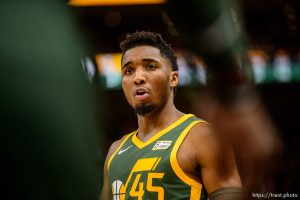 (Trent Nelson | The Salt Lake Tribune)   Utah Jazz guard Donovan Mitchell (45) as the Utah Jazz host the Milwaukee Bucks, NBA basketball in Salt Lake City on Saturday March 2, 2019.