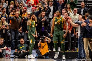 (Trent Nelson | The Salt Lake Tribune)   Utah Jazz forward Derrick Favors (15) reacts after dunking the ball as the Utah Jazz host the Milwaukee Bucks, NBA basketball in Salt Lake City on Saturday March 2, 2019.