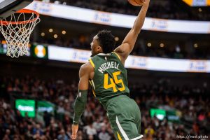 (Trent Nelson | The Salt Lake Tribune)   Utah Jazz guard Donovan Mitchell (45) as the Utah Jazz host the Milwaukee Bucks, NBA basketball in Salt Lake City on Saturday March 2, 2019.