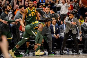 (Trent Nelson | The Salt Lake Tribune)   Utah Jazz forward Jae Crowder (99) hits a three-pointer as the Utah Jazz host the Milwaukee Bucks, NBA basketball in Salt Lake City on Saturday March 2, 2019.