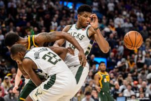 (Trent Nelson | The Salt Lake Tribune)   Milwaukee Bucks forward Giannis Antetokounmpo (34) as the Utah Jazz host the Milwaukee Bucks, NBA basketball in Salt Lake City on Saturday March 2, 2019.