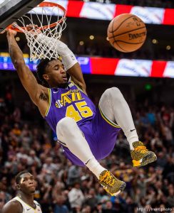 (Trent Nelson | The Salt Lake Tribune)  
Utah Jazz guard Donovan Mitchell (45) dunks as the Utah Jazz host the New Orleans Pelicans, NBA basketball in Salt Lake City on Monday March 4, 2019.
