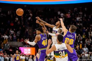 (Trent Nelson | The Salt Lake Tribune)   end of the game hail mary - Utah Jazz guard Donovan Mitchell (45) as the Utah Jazz host the New Orleans Pelicans, NBA basketball in Salt Lake City on Monday March 4, 2019.