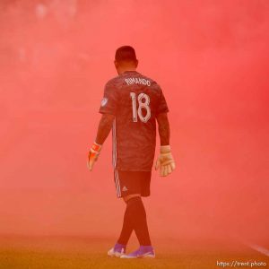 (Trent Nelson  |  The Salt Lake Tribune)  
Real Salt Lake goalkeeper Nick Rimando (18) as Real Salt Lake hosts Toronto FC, MLS Soccer at Rio Tinto Stadium in Sandy on Saturday May 18, 2019.