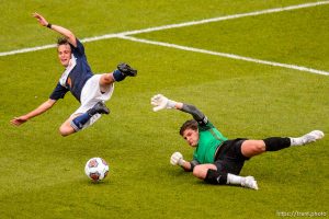 (Trent Nelson  |  The Salt Lake Tribune)  
Olympus's Ian Jones (1) fouls Brighton's Braxton Jones (5), setting up a penalty kick and score as Brighton defeats Olympus High School 3-2 in overtime in the 5A boys state championship game at Rio Tinto Stadium in Sandy, Thursday May 23, 2019.