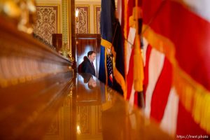 (Trent Nelson  |  The Salt Lake Tribune)  
Governor Gary Herbert arrives at a news conference to condemn the actions of protesters who occupied the Chamber of Commerce Building Tuesday. Herbert spoke in Salt Lake City on Wednesday July 10, 2019.