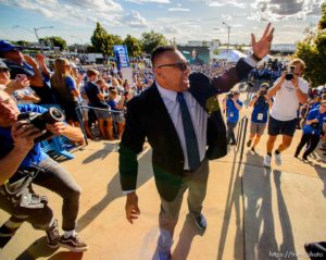 (Trent Nelson  |  The Salt Lake Tribune)  
BYU football coach Kalani Sitake pumps up fans during the Cougar Walk, as Brigham Young University (BYU) hosts the University of Utah, NCAA football in Provo on Thursday Aug. 29, 2019.