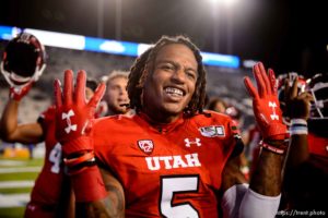 (Trent Nelson  |  The Salt Lake Tribune)   Utah Utes defensive back Tareke Lewis (5) celebrates nine wins in a row as Brigham Young University (BYU) hosts the University of Utah, NCAA football in Provo on Friday Aug. 30, 2019.