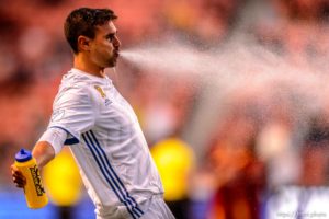 (Trent Nelson  |  The Salt Lake Tribune)  
San Jose Earthquakes forward Chris Wondolowski (8) sprays water as he takes the field as Real Salt Lake hosts the San Jose Earthquakes, MLS soccer at Rio Tinto Stadium in Sandy on Wednesday Sept. 11, 2019.