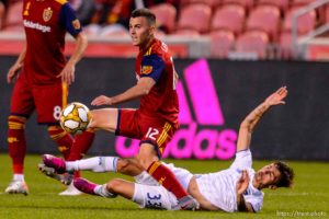 (Trent Nelson  |  The Salt Lake Tribune)   Real Salt Lake forward Brooks Lennon (12) and San Jose Earthquakes defender Paul Marie (33) as Real Salt Lake hosts the San Jose Earthquakes, MLS soccer at Rio Tinto Stadium in Sandy on Wednesday Sept. 11, 2019.