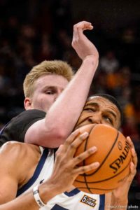(Trent Nelson  |  The Salt Lake Tribune)   Utah Jazz center Tony Bradley (13) defended by Adelaide 36ers center Harry Froling (11) as the Utah Jazz host the Adelaide 36ers, NBA basketball in Salt Lake City on Saturday Oct. 5, 2019.