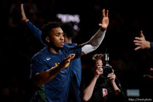 (Trent Nelson  |  The Salt Lake Tribune)  Utah Jazz guard Donovan Mitchell (45) as the Utah Jazz hosts the Sacramento Kings, NBA basketball in Salt Lake City on Monday Oct. 14, 2019.