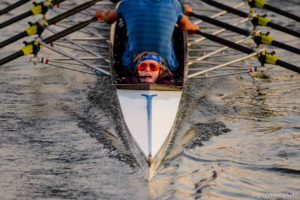 (Trent Nelson  |  The Salt Lake Tribune)
Coxswain Emma Goldsmith steers a boat during a Utah Crew workout on the Jordan River in Salt Lake City on Monday Nov. 4, 2019.