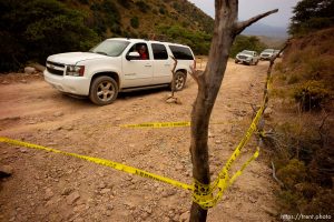 (Trent Nelson  |  The Salt Lake Tribune)
A family convoy carrying victims' remains passes the site where two vehicles were attacked by gunman, killing Dawna Ray Langford and Christina Marie Langford, along with two of Dawna's children (Trevor, 11, and Rogan, 3) near La Mora, Sonora on Friday Nov. 8, 2019.