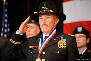 (Trent Nelson  |  The Salt Lake Tribune) Veteran Thomas Goff salutes as Taps is played at the Veterans Day Commemoration at the University of Utah in Salt Lake City on Monday Nov. 11, 2019.