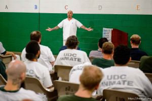 (Trent Nelson  |  The Salt Lake Tribune)
Gage King, an inmate at the Utah State Prison, delivers a speech at a meeting of the New Visions Speech Club in the prison's Promontory facility in Draper on Tuesday Dec. 3, 2019.