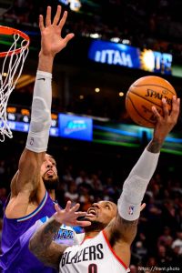 (Trent Nelson  |  The Salt Lake Tribune) Utah Jazz center Rudy Gobert (27) blocks a shot by Portland Trail Blazers guard Damian Lillard (0) with three seconds remaining, as the Utah Jazz host the Portland Trail Blazers, NBA basketball in Salt Lake City on Thursday, Dec. 26, 2019.
