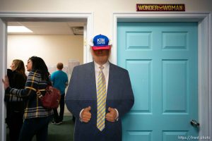 (Trent Nelson  |  The Salt Lake Tribune)  Kim Coleman announces her candidacy to represent Utah’s 4th Congressional District, in West Jordan on Saturday, Jan. 4, 2020. Donald Trump cutout with Kim Cares cap.