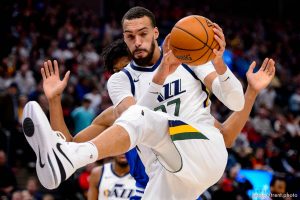 (Trent Nelson  |  The Salt Lake Tribune) Utah Jazz center Rudy Gobert (27) pulls in a rebound as the Utah Jazz host the Sacramento Kings, NBA basketball in Salt Lake City on Saturday, Jan. 18, 2020.
