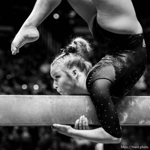 (Trent Nelson  |  The Salt Lake Tribune) Abby Paulson on the beam as the University of Utah hosts Arizona State, NCAA gymnastics in Salt Lake City on Friday, Jan. 24, 2020.