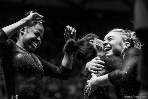 (Trent Nelson  |  The Salt Lake Tribune) Kim Tessen on the vault as the University of Utah hosts Arizona State, NCAA gymnastics in Salt Lake City on Friday, Jan. 24, 2020.