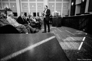 (Trent Nelson  |  The Salt Lake Tribune) Sen. Mike Lee answers questions at a town hall in Draper on Wednesday, Feb. 19, 2020.
