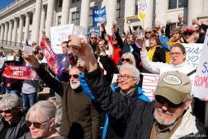 (Trent Nelson  |  The Salt Lake Tribune) A rally and chocolate milk toast to Sen. Mitt Romney at the state Capitol in Salt Lake City on Friday, Feb. 28, 2020. Mormon Women for Ethical Government and other  groups organized the rally.
