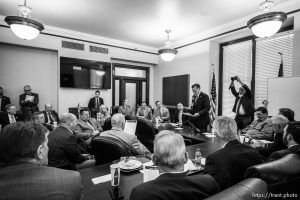 (Trent Nelson  |  The Salt Lake Tribune) Sen. Mitt Romney speaks to Republican representatives at the state Capitol in Salt Lake City on Friday, Feb. 28, 2020. Rick Bowmer