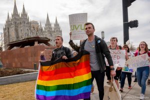 (Trent Nelson  |  The Salt Lake Tribune) A demonstration about BYU's changing position on “romantic behavior” by same-sex couples, in Salt Lake City on Friday, March 6, 2020.