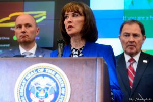 (Trent Nelson  |  The Salt Lake Tribune) Superintendent of Public Instruction Sydnee Dickson speaks at a news conference in the state's Emergency Operations Center  on Thursday, March 12, 2020 addressing the current state of COVID-19 in Utah. Representatives from the Utah System of Higher Education, the Utah Board of Education, Utah Jazz, local health authorities and Utah Department of Health were also present.