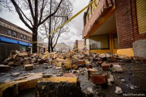 (Trent Nelson  |  The Salt Lake Tribune) Bricks that fell from the facade of Red Rooster Records in Magna after last week's earthquake, as seen on Tuesday, March 24, 2020.