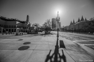 (Trent Nelson  |  The Salt Lake Tribune) Quiet streets in front of The Conference Center and Temple Square in Salt Lake City just before The Church of Jesus Christ of Latter-day Saints holds General Conference on Saturday, April 4, 2020. The area would usually be packed with tens of thousands of conferencegoers. But because of the coronavirus pandemic, no public attendance is permitted. In fact, the conference is coming from a 