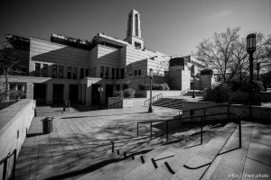 (Trent Nelson  |  The Salt Lake Tribune) An empty plaza at The Conference Center in Salt Lake City just before The Church of Jesus Christ of Latter-day Saints holds General Conference on Saturday, April 4, 2020. The area would usually be packed with tens of thousands of conferencegoers. But because of the coronavirus pandemic, no public attendance is permitted. In fact, the conference is coming from a 