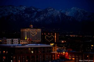 (Trent Nelson  |  The Salt Lake Tribune) Lights in the Grand America and Little America hotels display hearts in Salt Lake City on Wednesday, April 8, 2020.