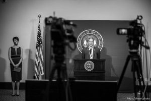 (Trent Nelson  |  The Salt Lake Tribune) Gary Harter, executive director of Utah's Department of Veterans and Military Affairs, at a news conference in Salt Lake City on Thursday, May 28, 2020. At left is Dr. Angela Dunn.