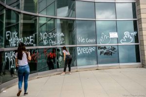 (Trent Nelson  |  The Salt Lake Tribune) Public Safety Building. Rally against police brutality in Salt Lake City on Saturday, May 30, 2020.